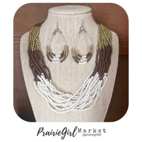 Hand Crafted Jewelry - Brown Cream & Gold Multi Strand Seed Beaded Necklace and Earring Set - OS